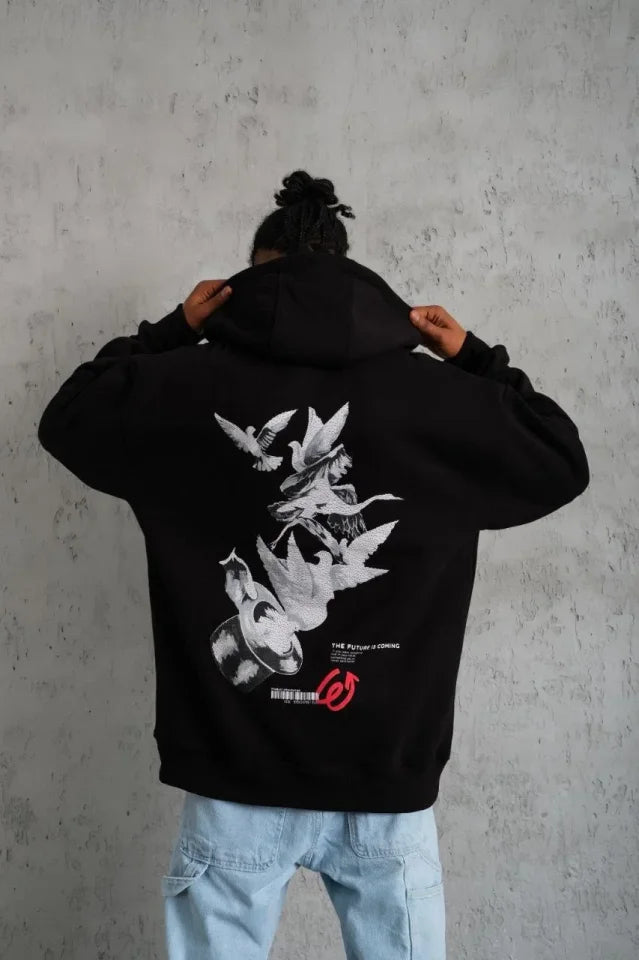 Men's Hooded Pigeon Printed Sweatshirt with Cap - Black
