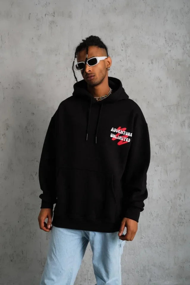 Men's Hooded Pigeon Printed Sweatshirt with Cap - Black