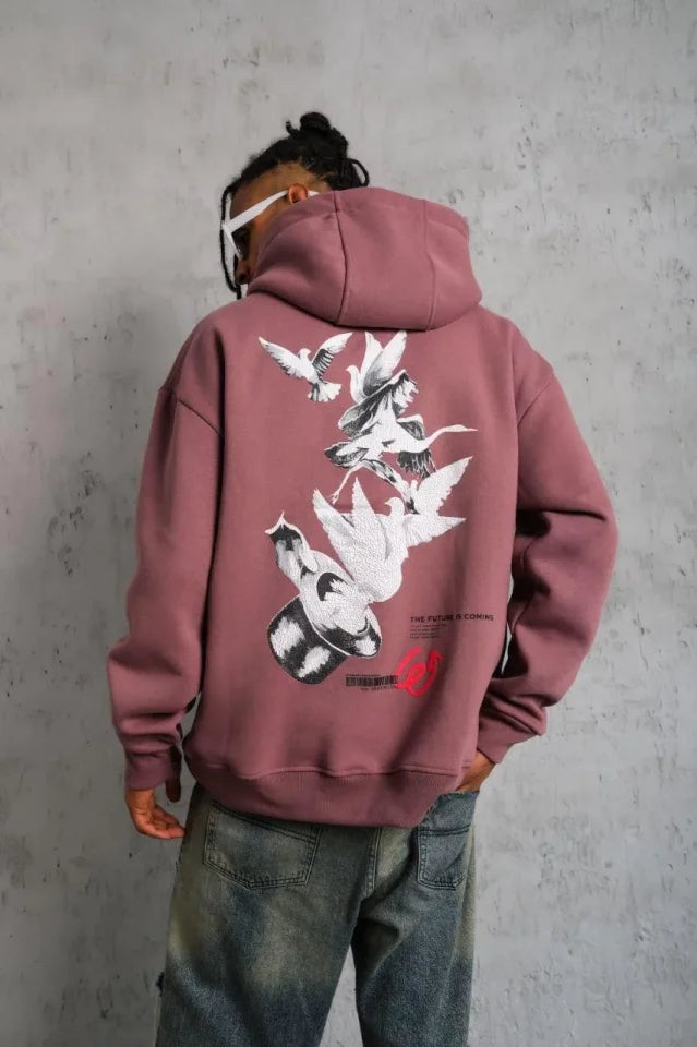 Men's Hooded Pigeon Printed Sweatshirt with Cap - Dusty Rose