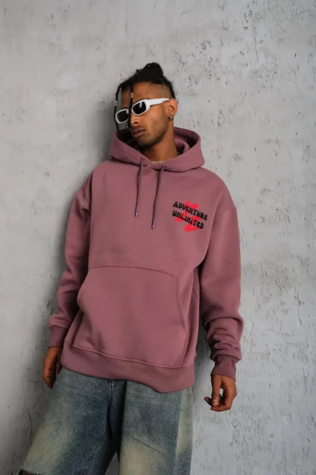 Men's Hooded Pigeon Printed Sweatshirt with Cap - Dusty Rose