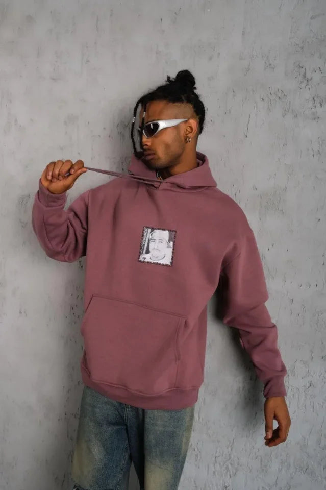 Men's Front and Back Printed Hooded Sweatshirt - Dusty Rose