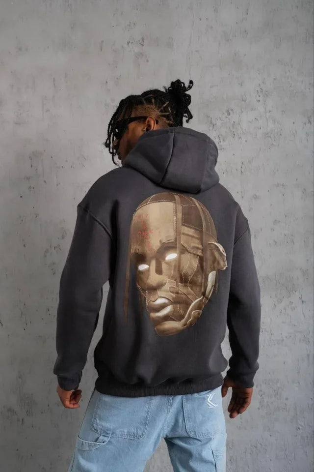 Men's Drawstring Back Mask Drawstring Hair Hooded Sweatshirt - Charcoal