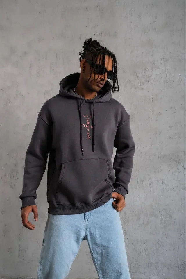 Men's Drawstring Back Mask Drawstring Hair Hooded Sweatshirt - Charcoal