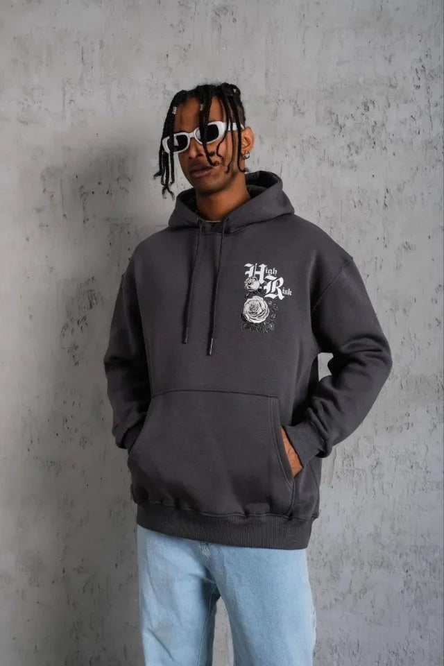 Men's Printed Hooded Sweatshirt - Charcoal