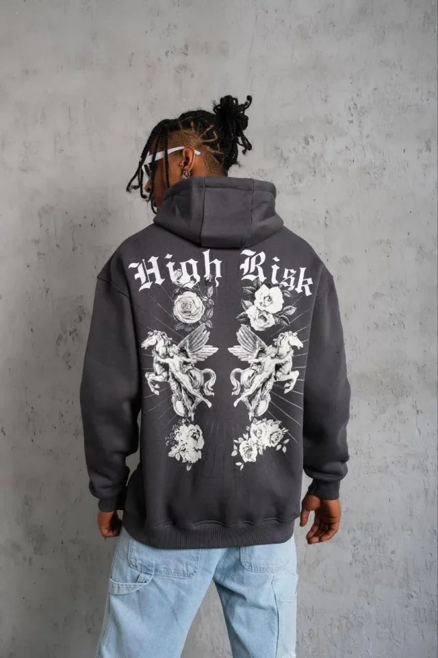 Men's Printed Hooded Sweatshirt - Charcoal