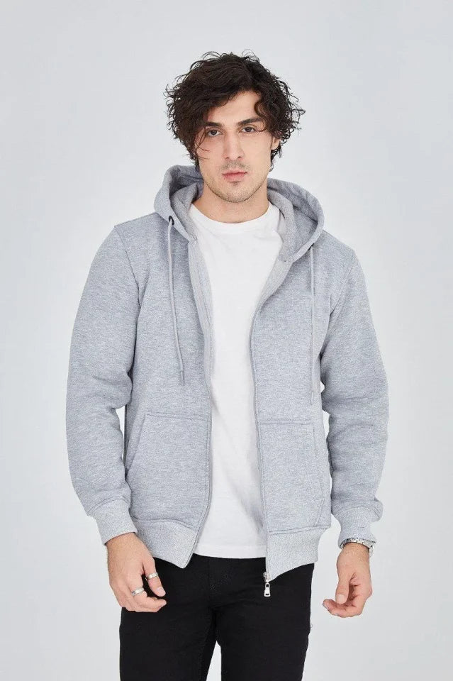 Men's Hooded Plain Zip Cardigan - Gray