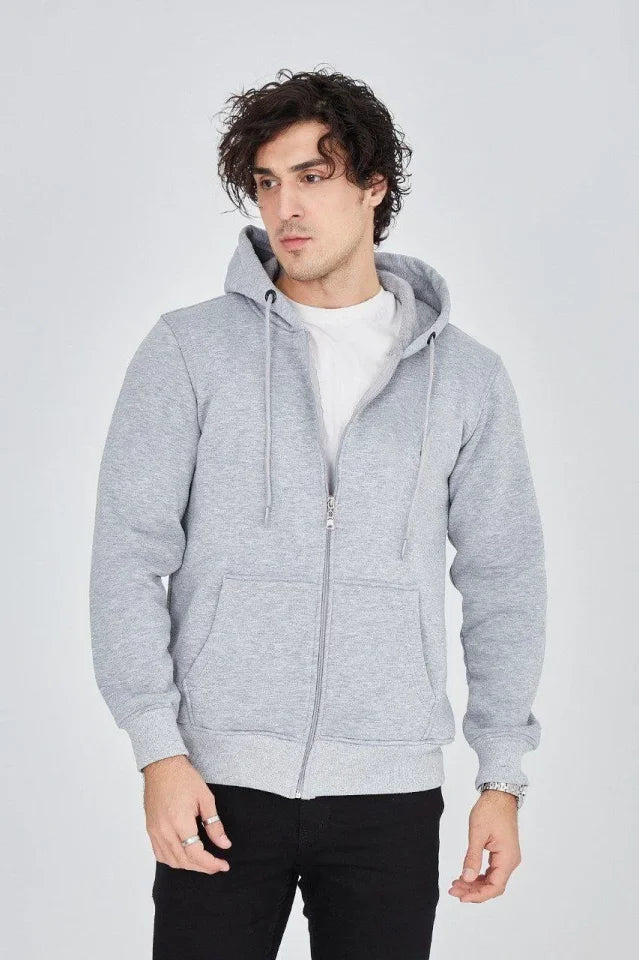 Men's Hooded Plain Zip Cardigan - Gray