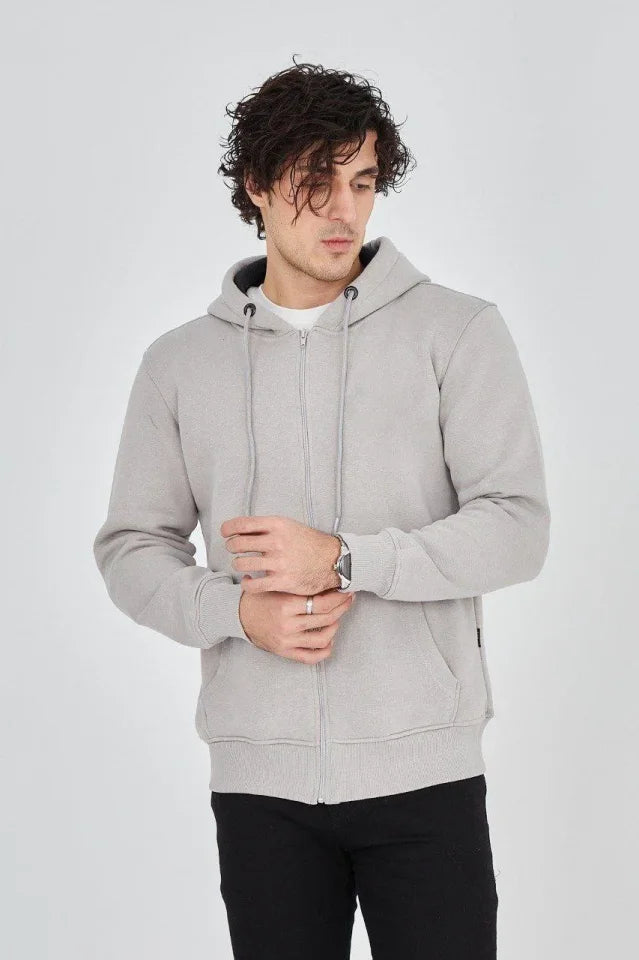 Men's Hooded Plain Zip-Up Cardigan - Dyed Gray