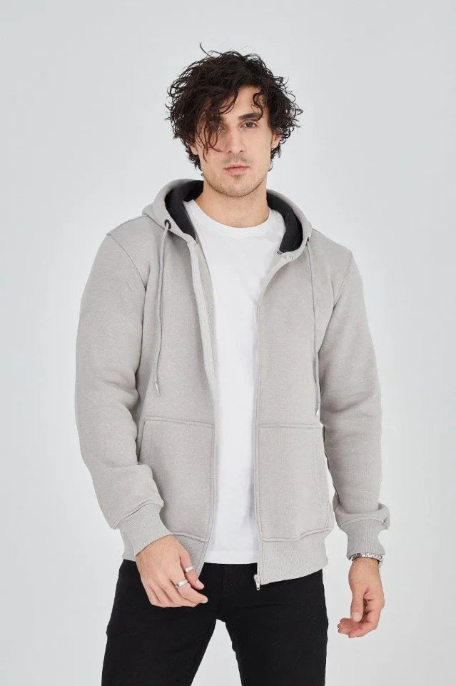Men's Hooded Plain Zip-Up Cardigan - Dyed Gray