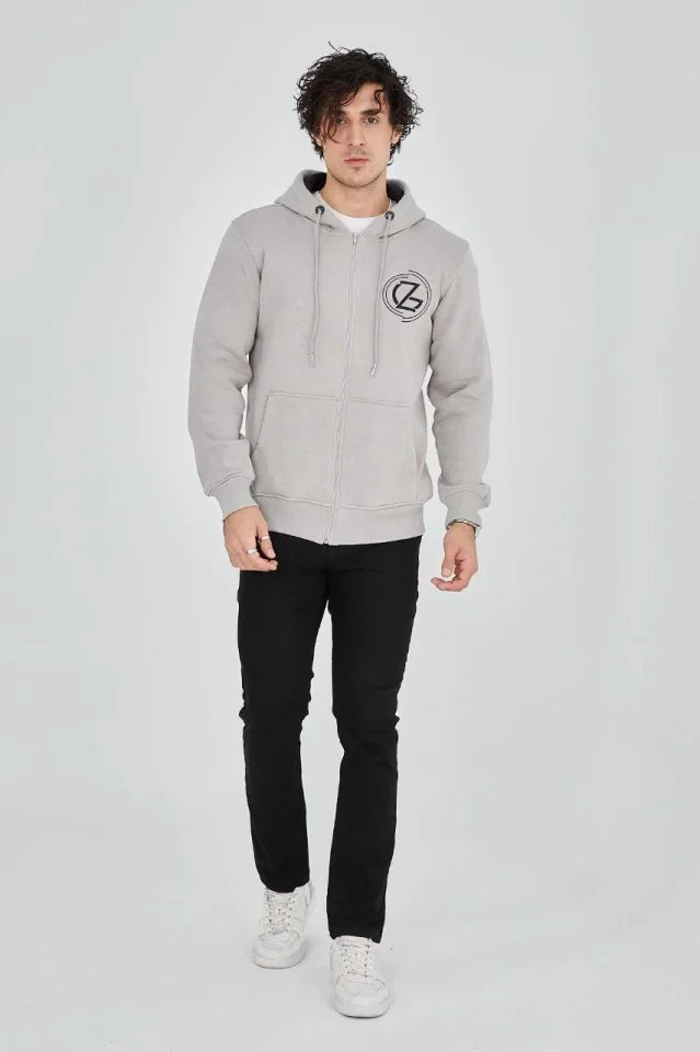 Men's Hooded Printed Zip-Up Cardigan - Dyed Gray