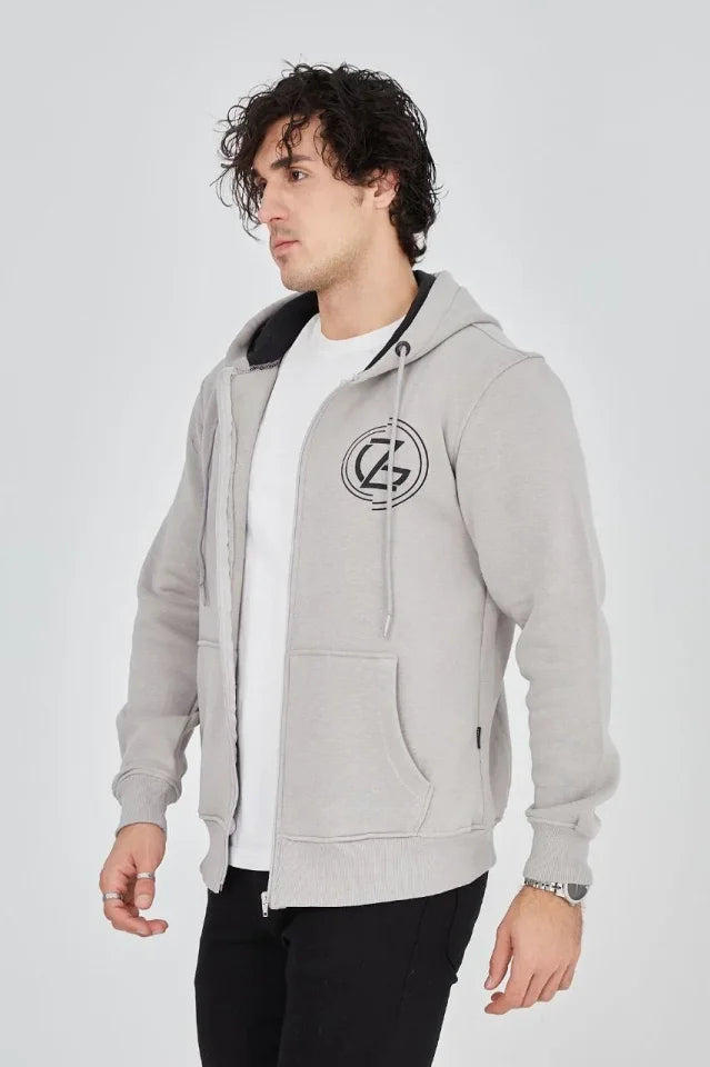 Men's Hooded Printed Zip-Up Cardigan - Dyed Gray