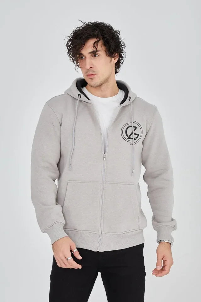 Men's Hooded Printed Zip-Up Cardigan - Dyed Gray