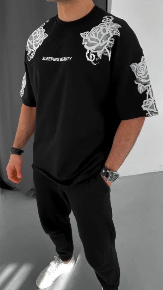 Unisex Flock Embossed Printed T-Shirt - Black