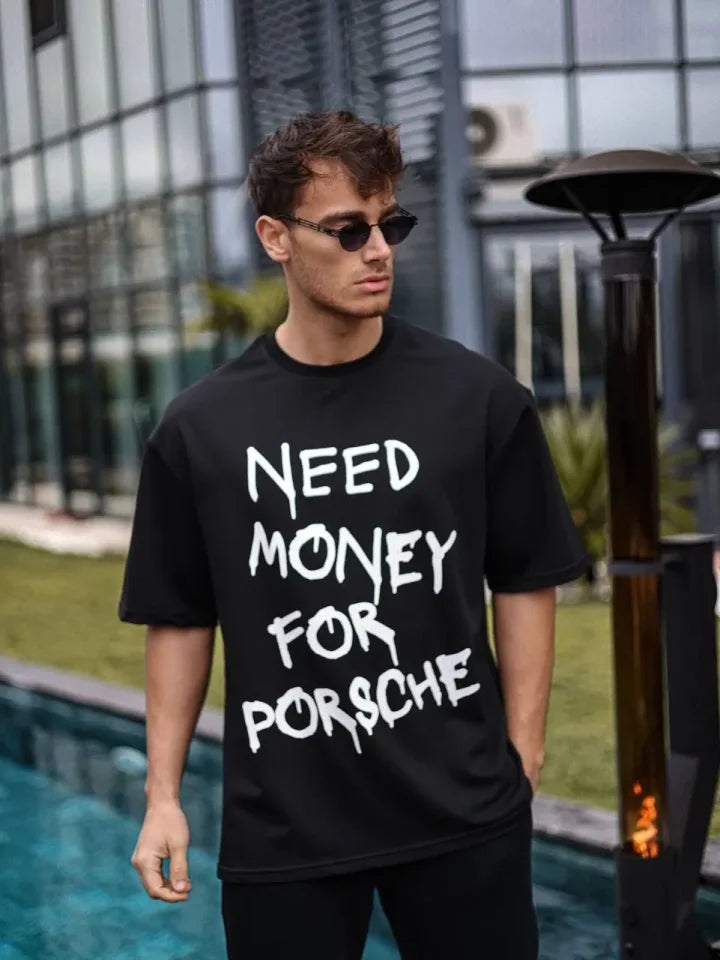 Unisex Crew Neck Printed Oversize T-Shirt - Black