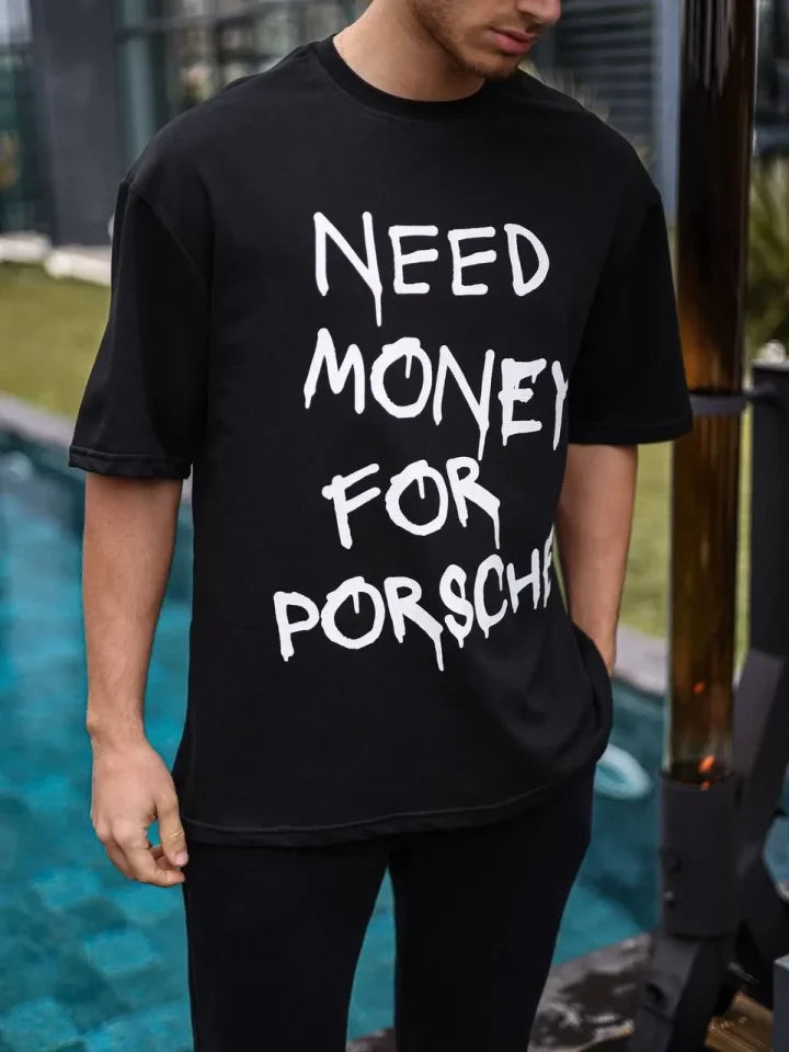 Unisex Crew Neck Printed Oversize T-Shirt - Black
