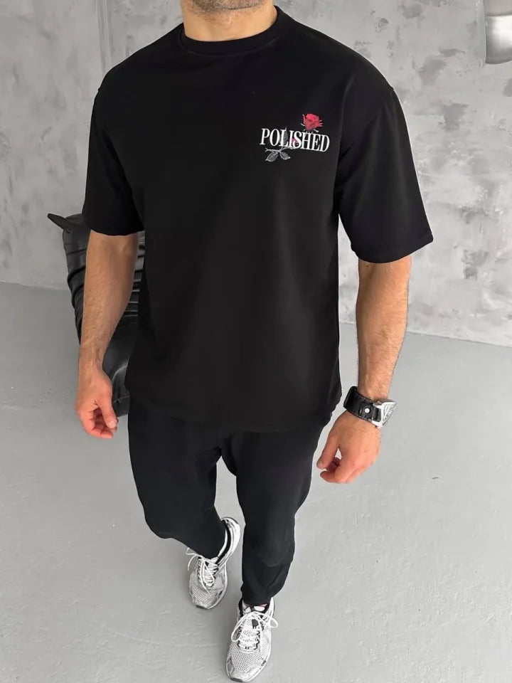 Unisex Crew Neck Printed Oversize T-Shirt - Black
