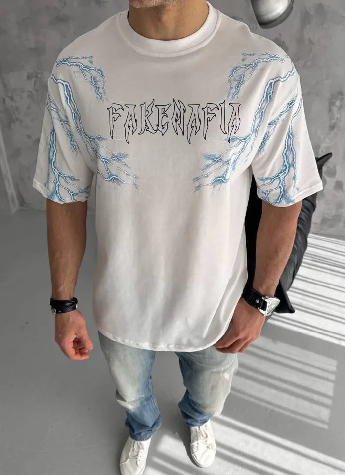 Unisex Crew Neck Printed Oversize T-Shirt - White