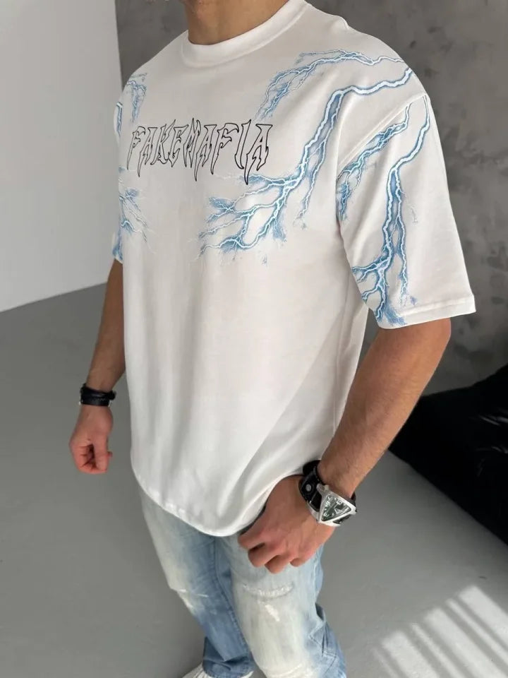 Unisex Crew Neck Printed Oversize T-Shirt - White