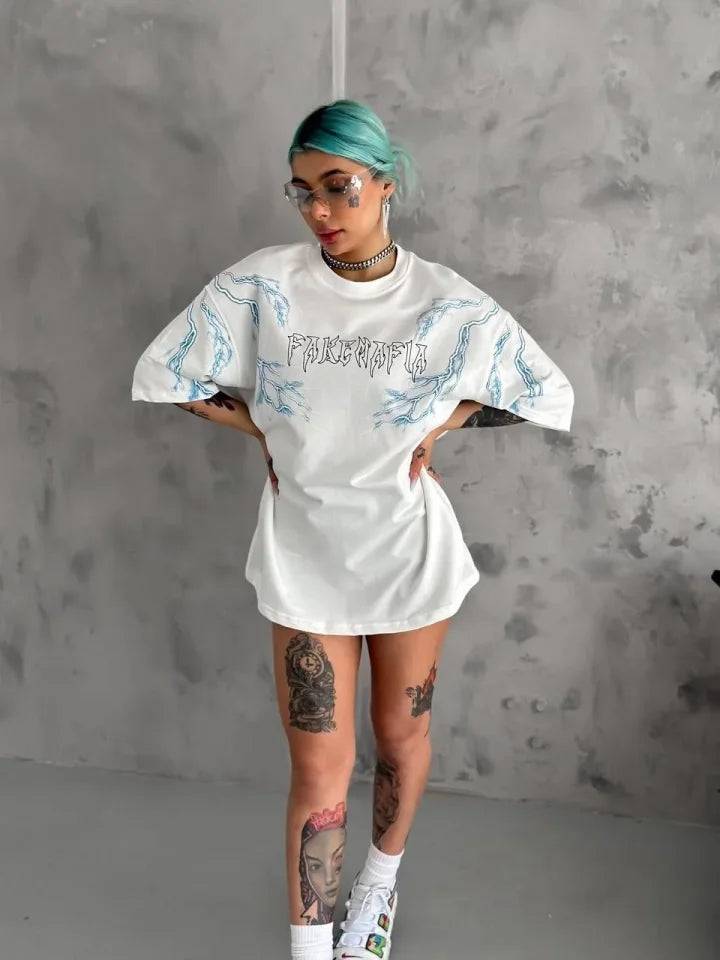 Unisex Crew Neck Printed Oversize T-Shirt - White
