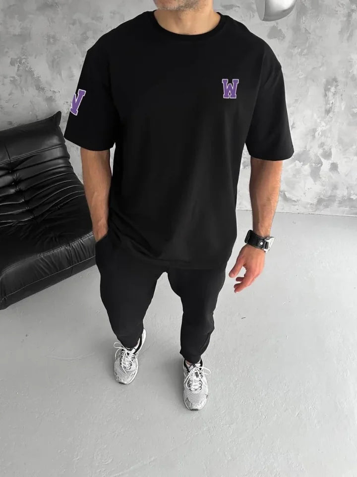 Unisex Crew Neck Printed Oversize T-Shirt - Black