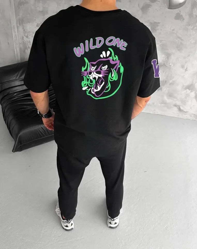 Unisex Crew Neck Printed Oversize T-Shirt - Black
