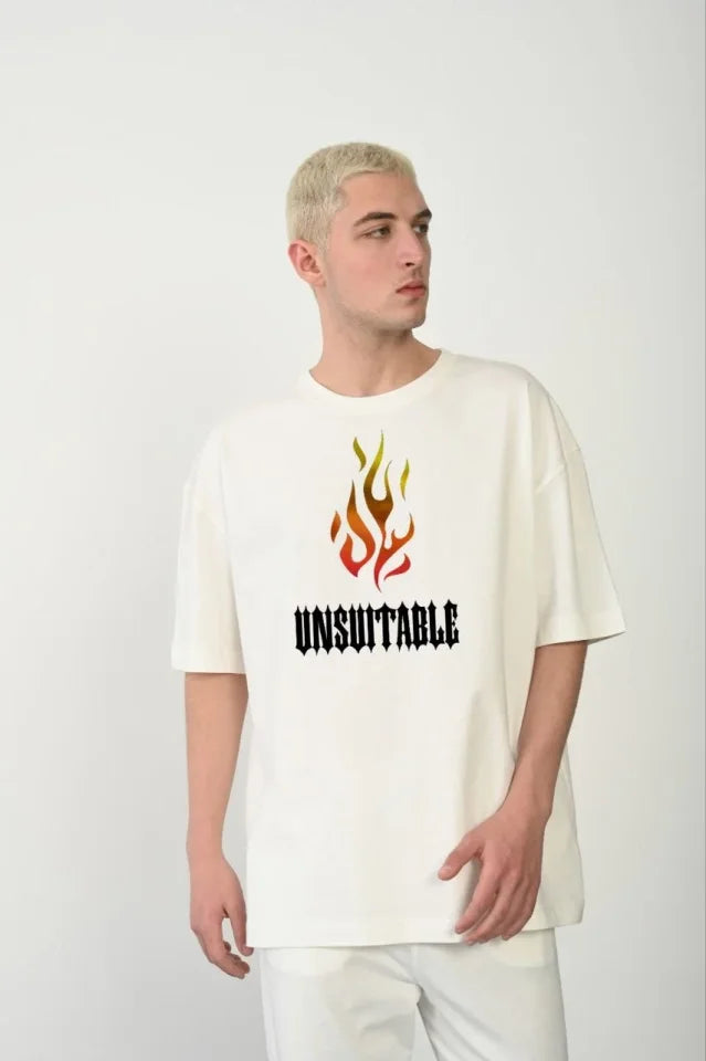 Unisex Crew Neck Printed Oversize T-Shirt - White