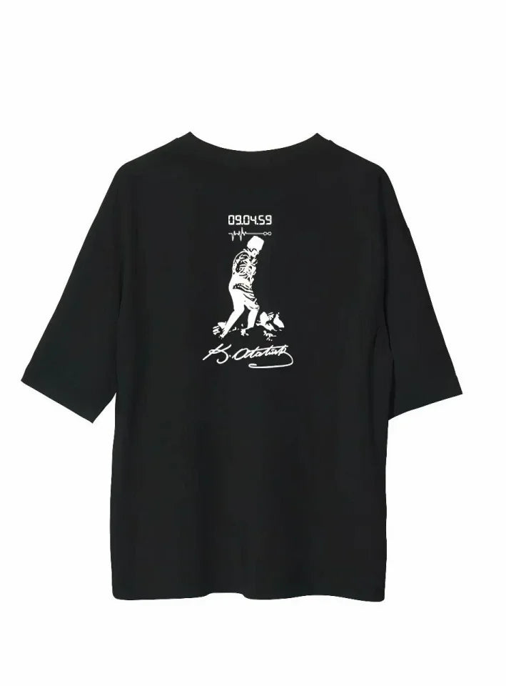 Unisex Crew Neck Printed Oversize T-Shirt - Black