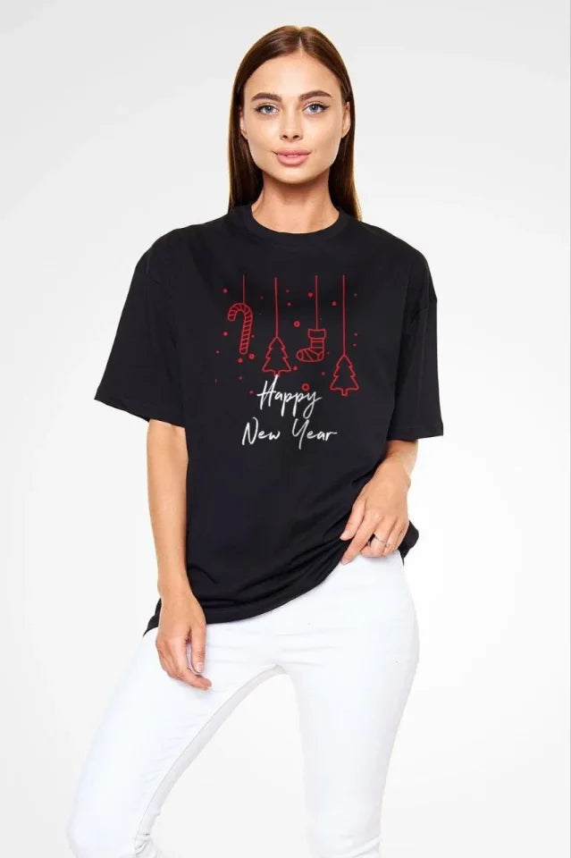 Unisex Crew Neck Printed Oversize T-Shirt - Black