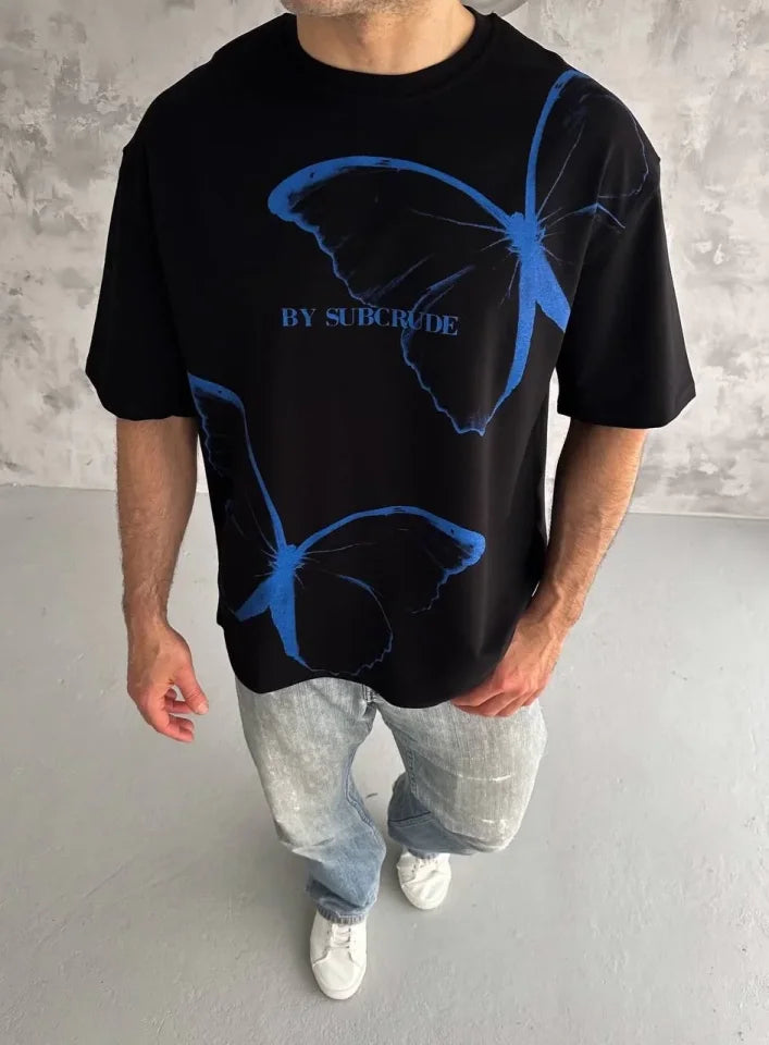 Unisex Crew Neck Printed Oversize T-Shirt - Black