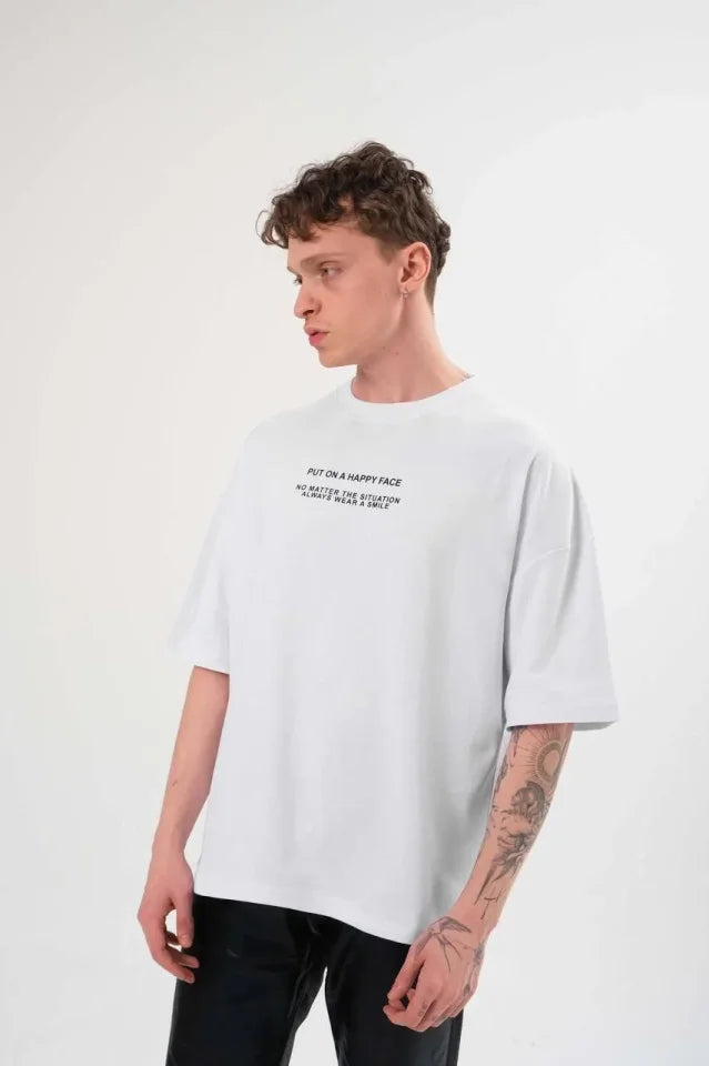 Unisex Crew Neck Printed Oversize T-Shirt - White