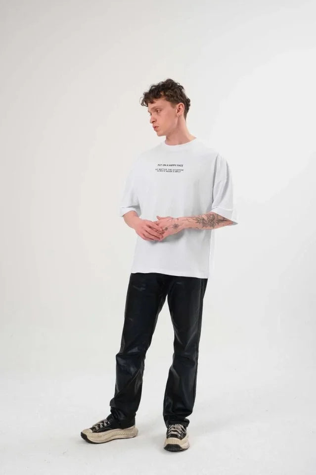 Unisex Crew Neck Printed Oversize T-Shirt - White