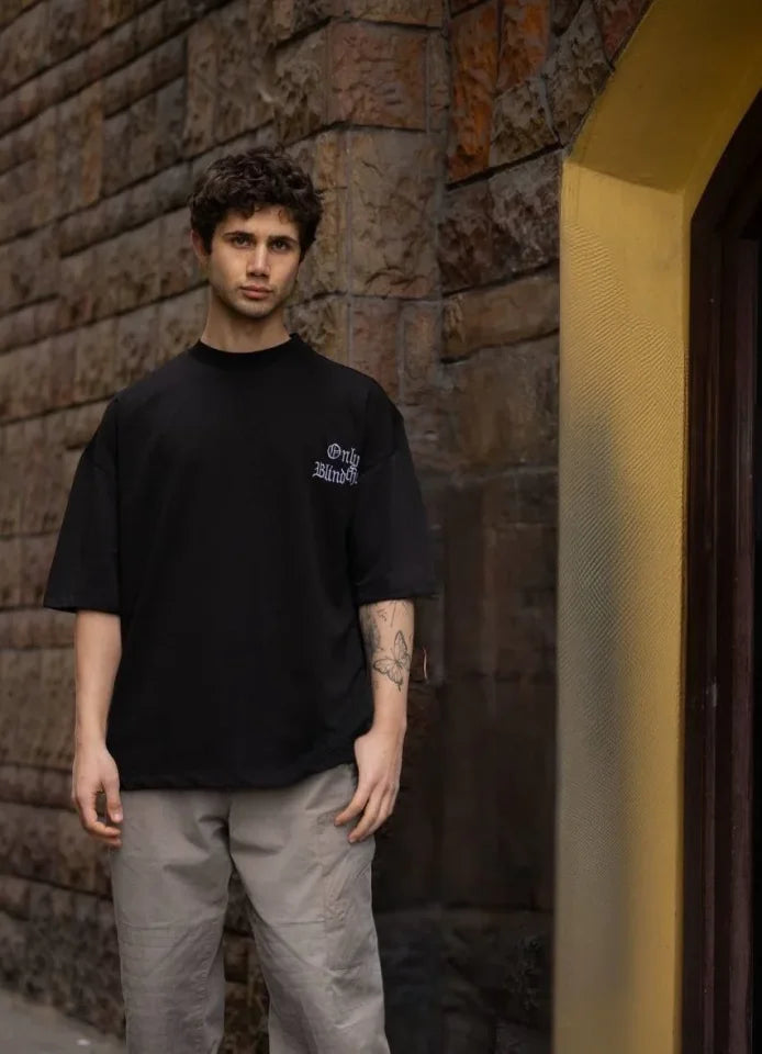 Unisex Crew Neck Printed Oversize T-Shirt - Black