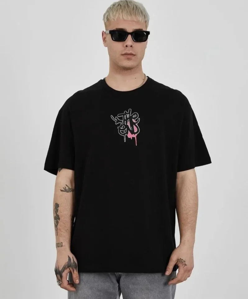 Unisex Crew Neck Printed Oversize T-Shirt - Black
