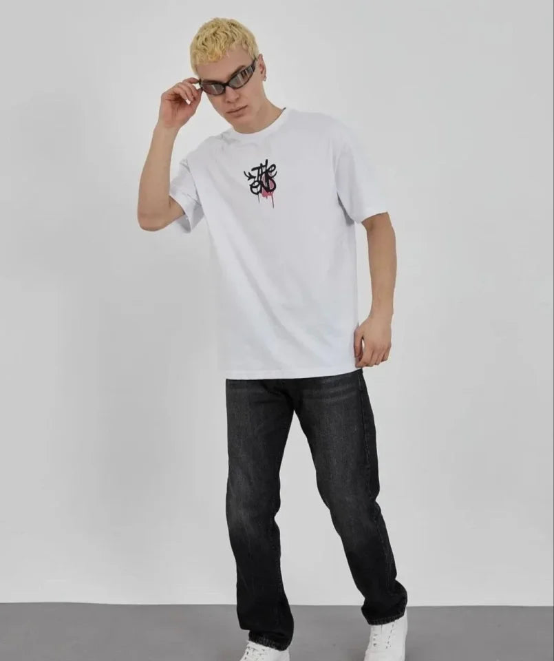 Unisex Crew Neck Printed Oversize T-Shirt - White