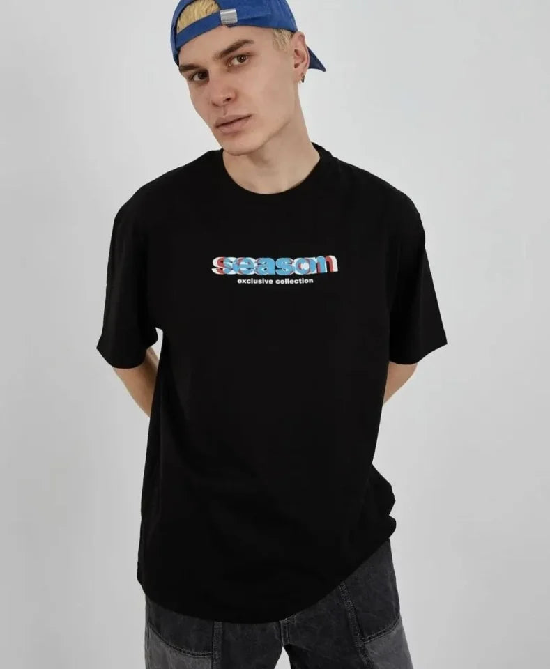 Unisex Crew Neck Printed Oversize T-Shirt - Black