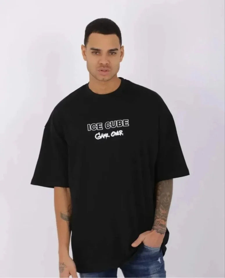 Unisex Crew Neck Printed Oversize T-Shirt - Black