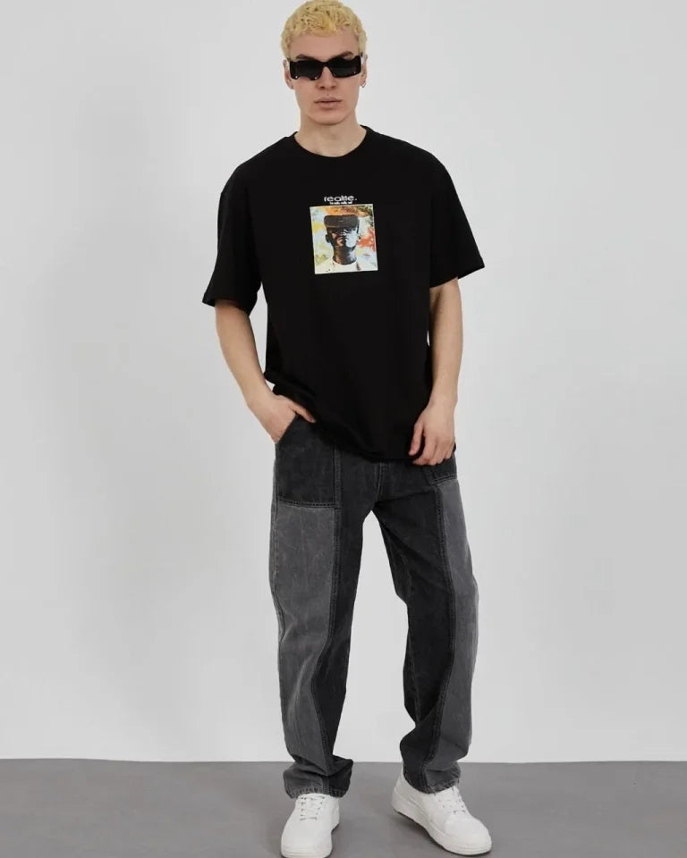 Unisex Crew Neck Printed Oversize T-Shirt - Black