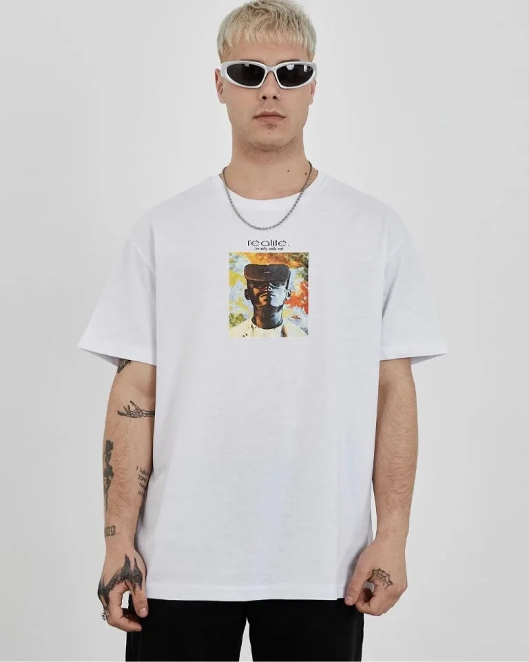 Unisex Crew Neck Printed Oversize T-Shirt - White