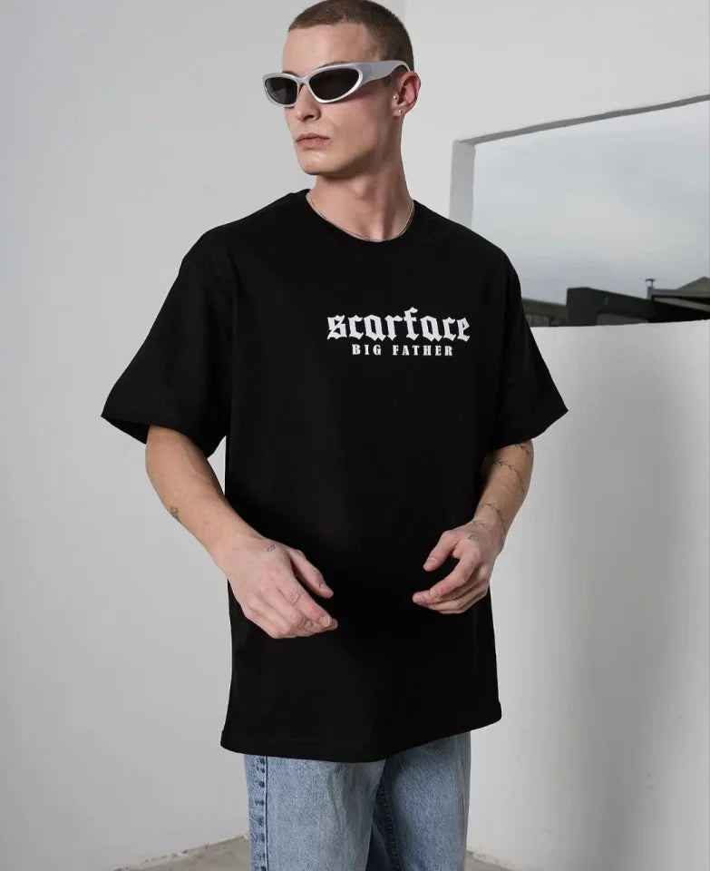 Unisex Crew Neck Printed Oversize T-Shirt - Black