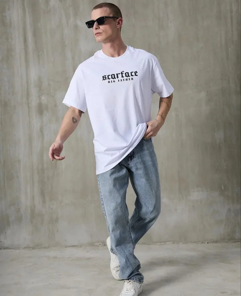 Unisex Crew Neck Printed Oversize T-Shirt - White