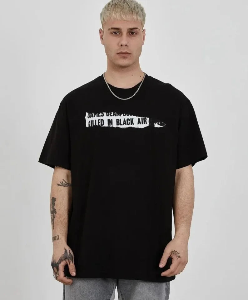 Unisex Crew Neck Printed Oversize T-Shirt - Black