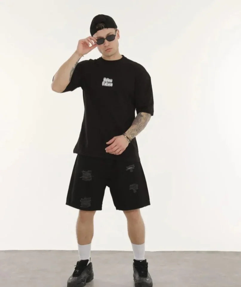 Unisex Crew Neck Printed Oversize T-Shirt - Black