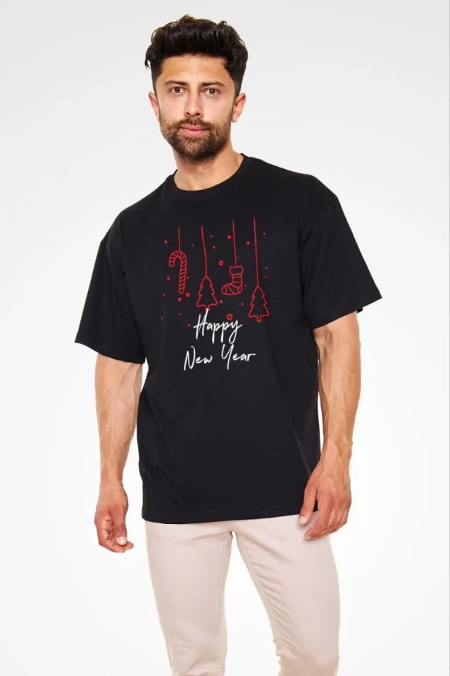Unisex Crew Neck Printed Oversize T-Shirt - Black