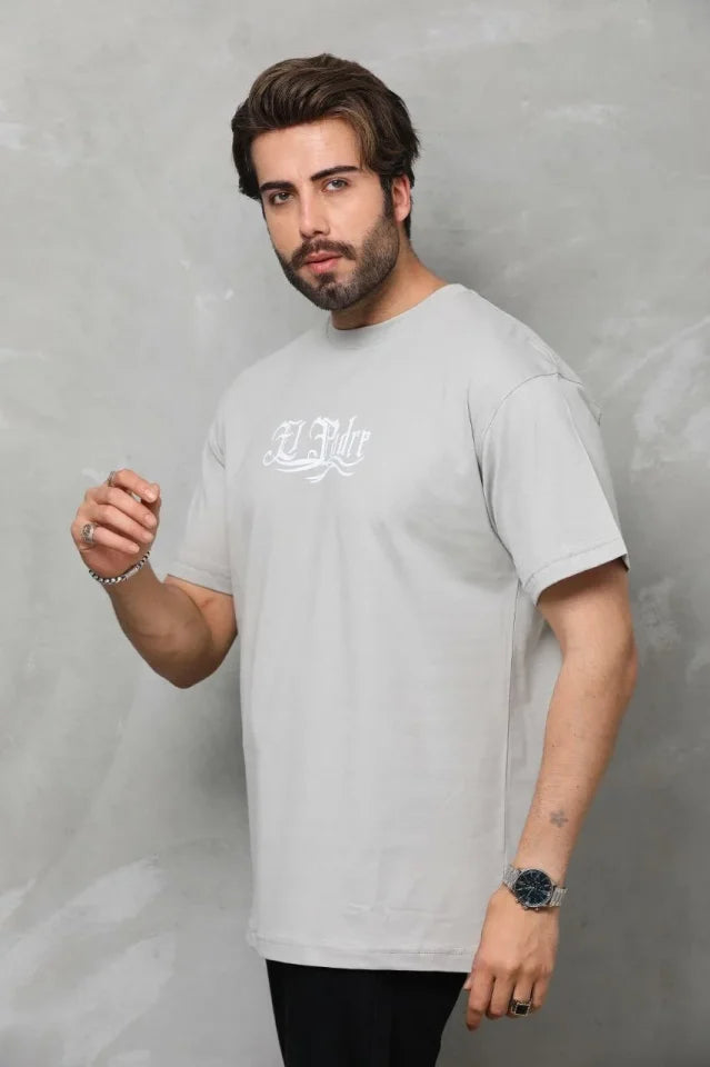 Unisex Crew Neck Printed Oversize T-Shirt - Gray