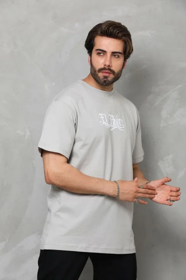 Unisex Crew Neck Printed Oversize T-Shirt - Gray