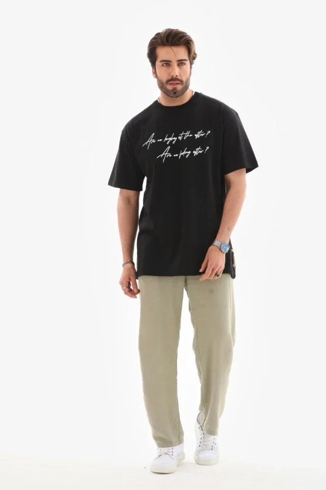 Unisex Crew Neck Printed Oversize T-Shirt - Black