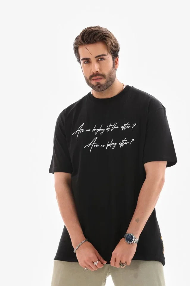 Unisex Crew Neck Printed Oversize T-Shirt - Black