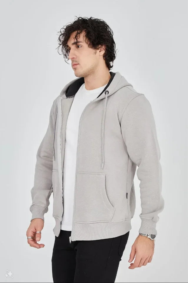 Unisex Tam Fermuarlı Kapüşonlu SweatShirt - Boyalı Gri