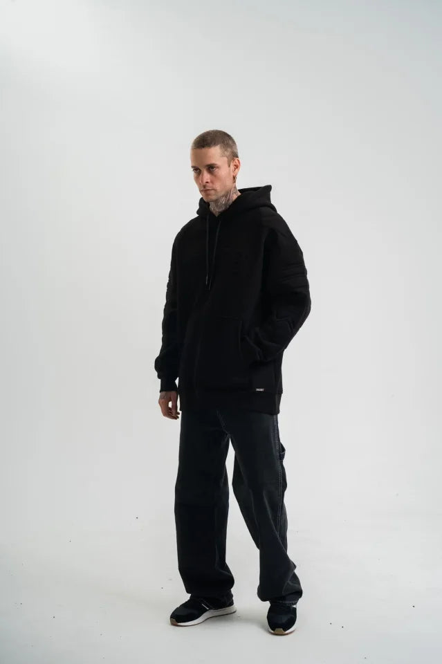 Double Oversize Kapüşonlu Nakışlı SweatShirt - Siyah