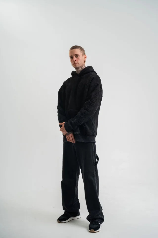 Unisex Uzun Kol Kapşonlu Yıkamalı Nakışlı SweatShirt - Siyah